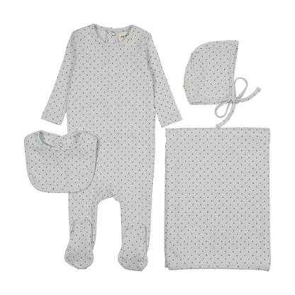 POINTELLE TULIP PRINT FOOTIE + BIB FOUR PIECE SET