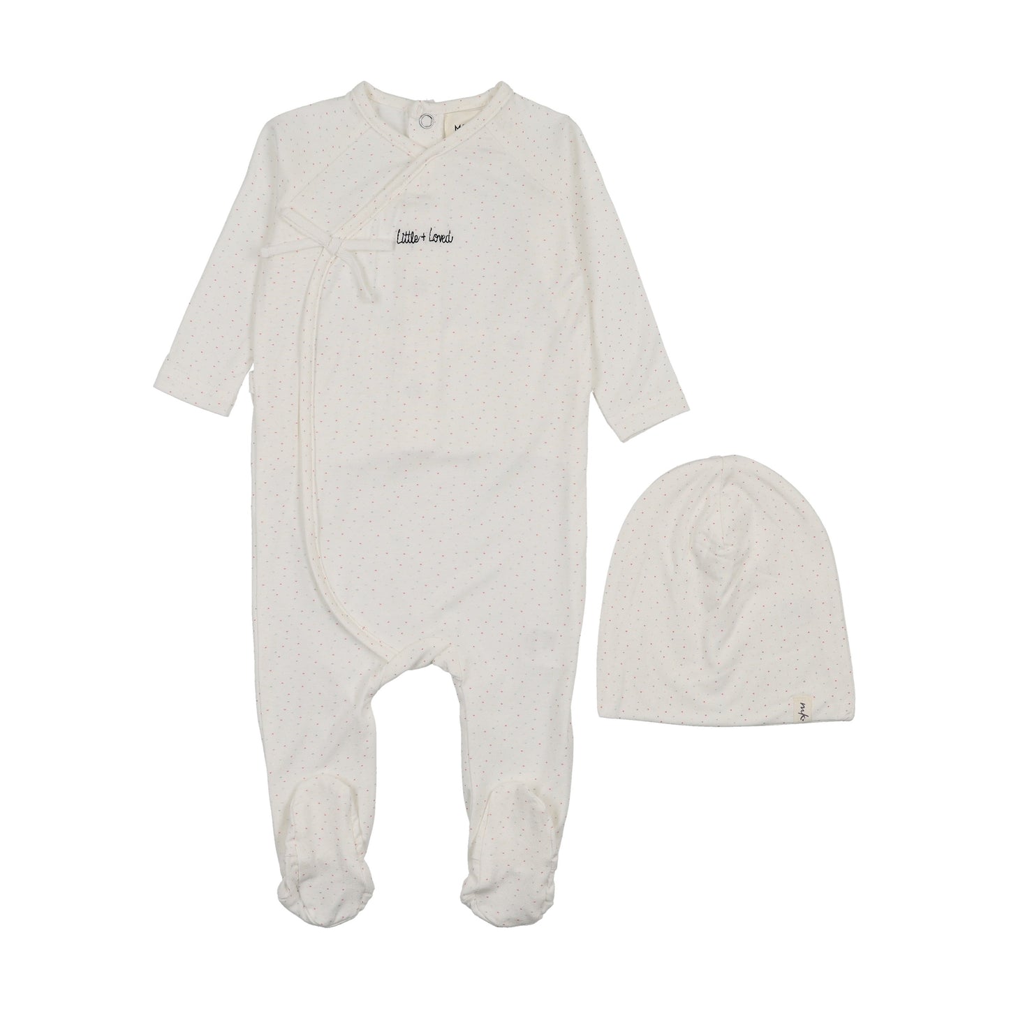MOCK WRAP POLKA DOT FOOTIE + BEANIE