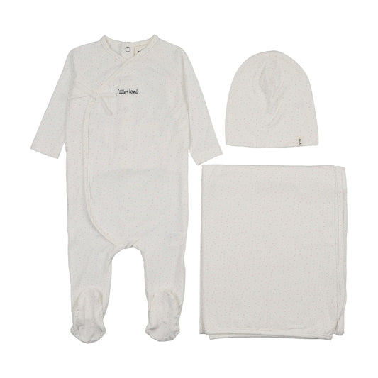 MOCK WRAP POLKA DOT FOOTIE THREE PIECE SET