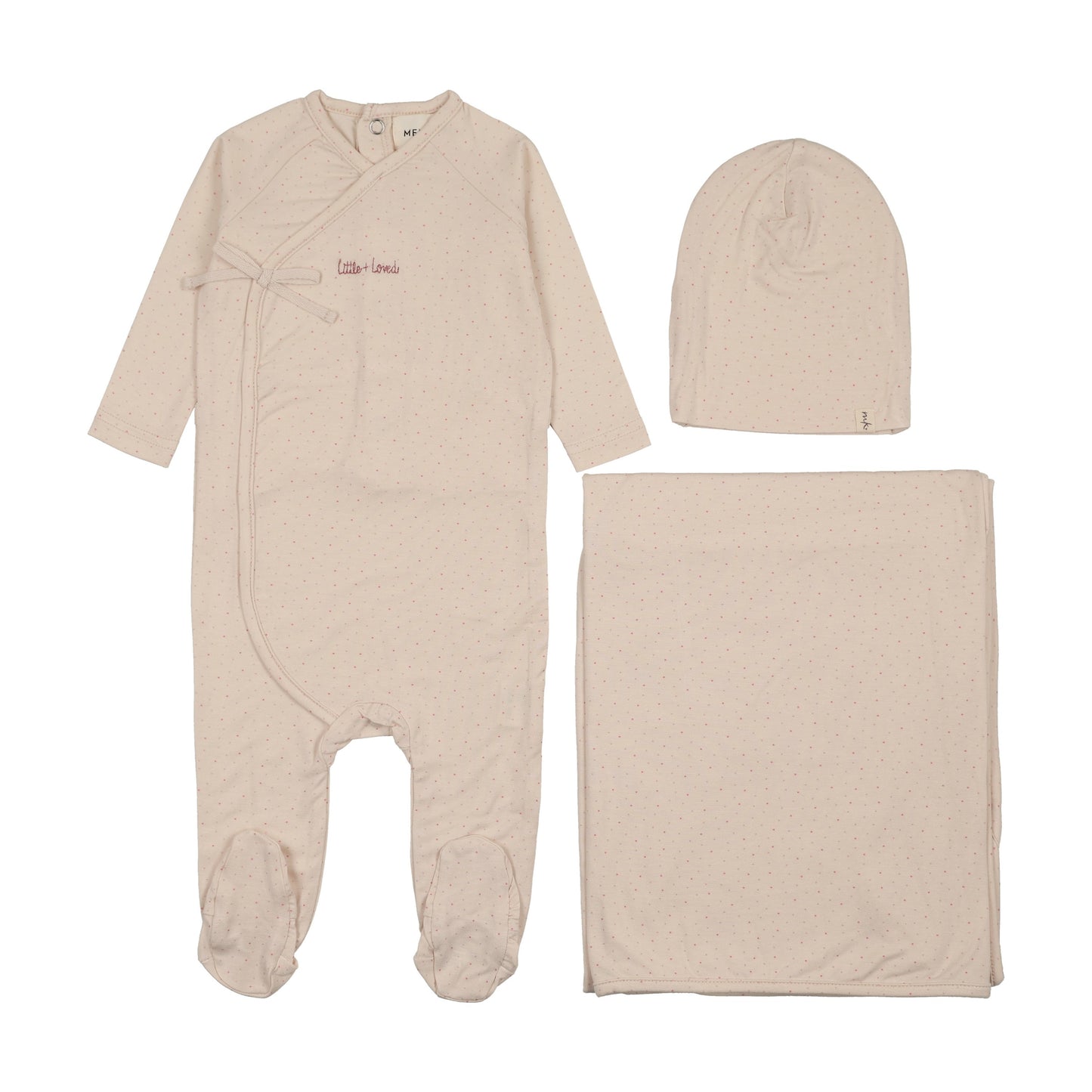 MOCK WRAP POLKA DOT FOOTIE THREE PIECE SET