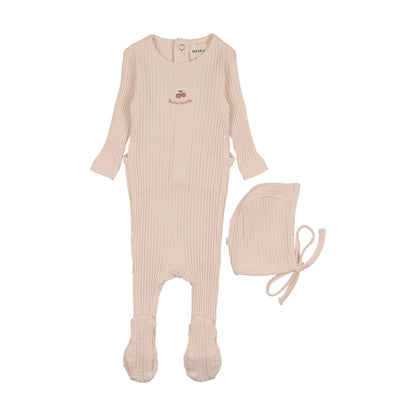 EMBROIDERED TEXTURED FOOTIE + BONNET