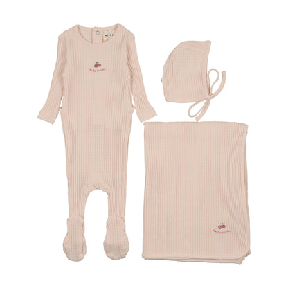 EMBROIDERED TEXTURED FOOTIE THREE PIECE SET