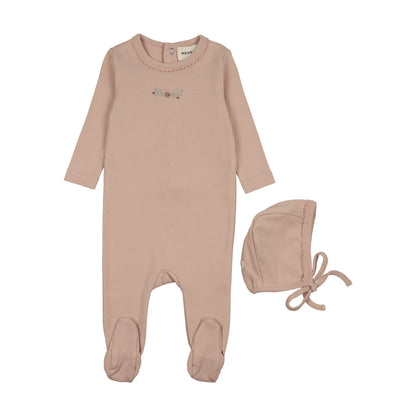 FLORAL EMBROIDERY FOOTIE + BONNET