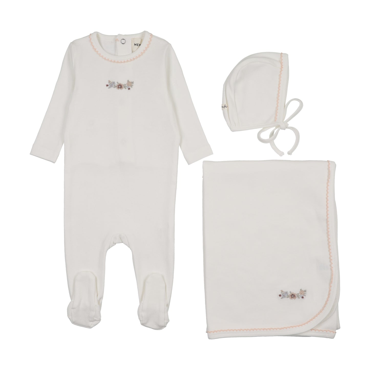FLORAL EMBROIDERY FOOTIE THREE PIECE SET
