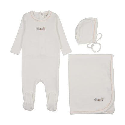 FLORAL EMBROIDERY FOOTIE THREE PIECE SET