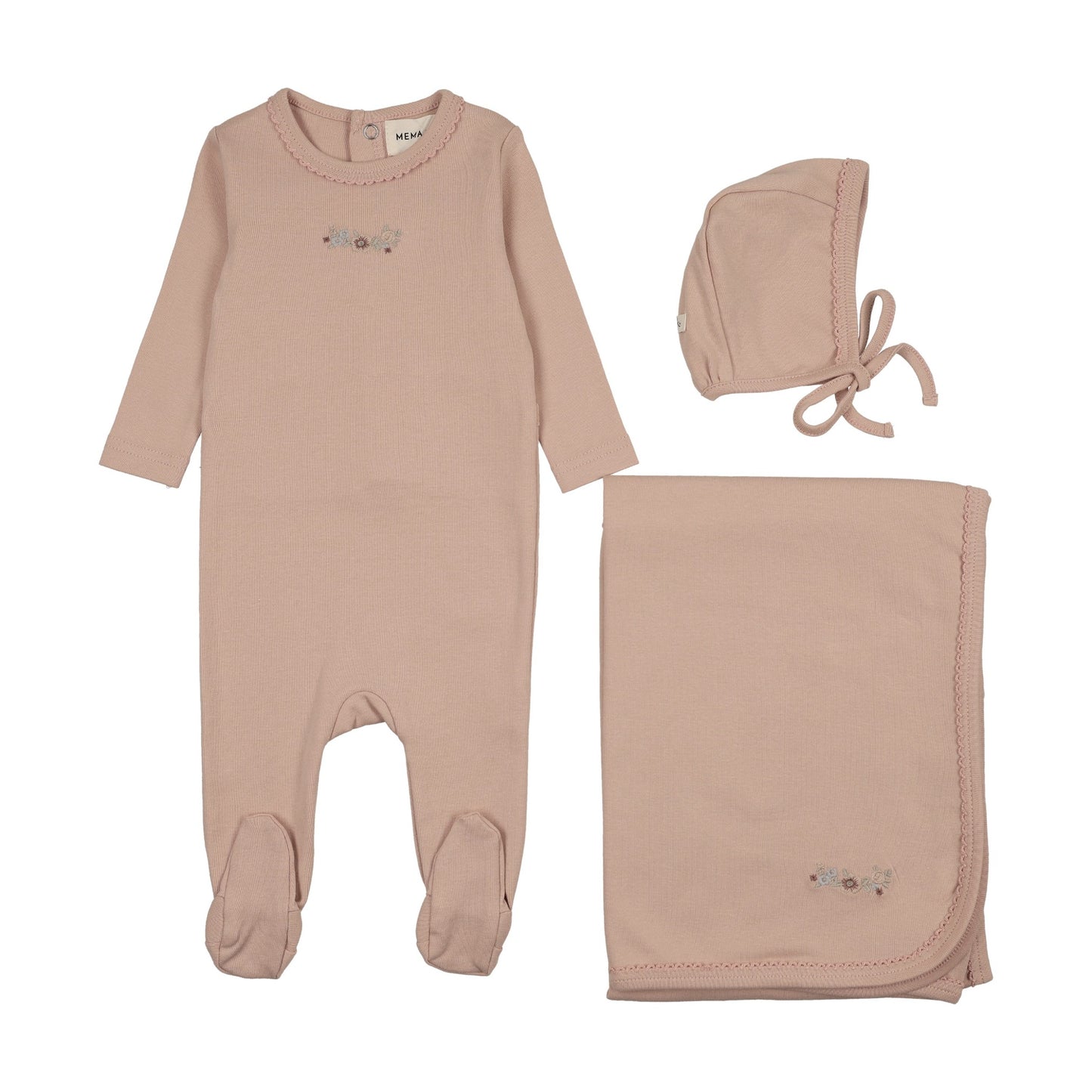 FLORAL EMBROIDERY FOOTIE THREE PIECE SET