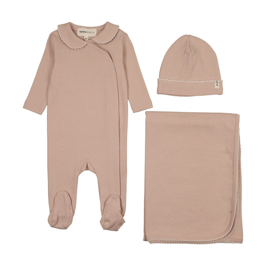 TRIMMED COLLAR FOOTIE THREE PIECE SET