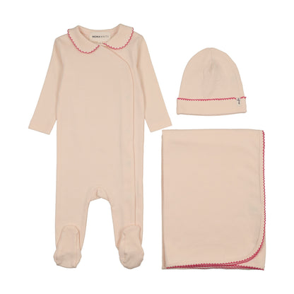 TRIMMED COLLAR FOOTIE THREE PIECE SET