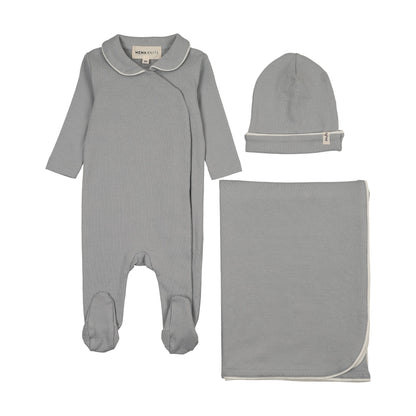 TRIMMED COLLAR FOOTIE THREE PIECE SET