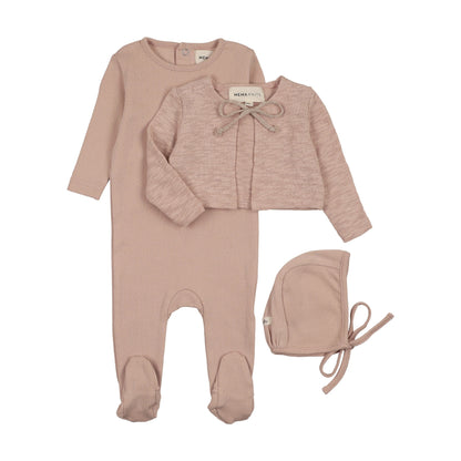 POINTELLE FOOTIE + SLUB CARDIGAN + BONNET