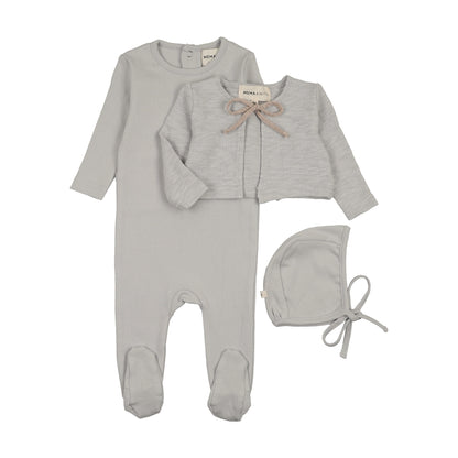 POINTELLE FOOTIE + SLUB CARDIGAN + BONNET