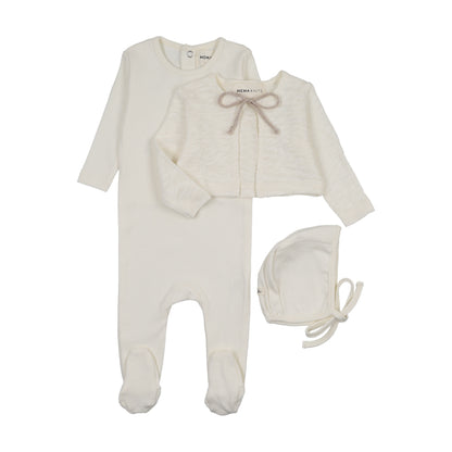 POINTELLE FOOTIE + SLUB CARDIGAN + BONNET