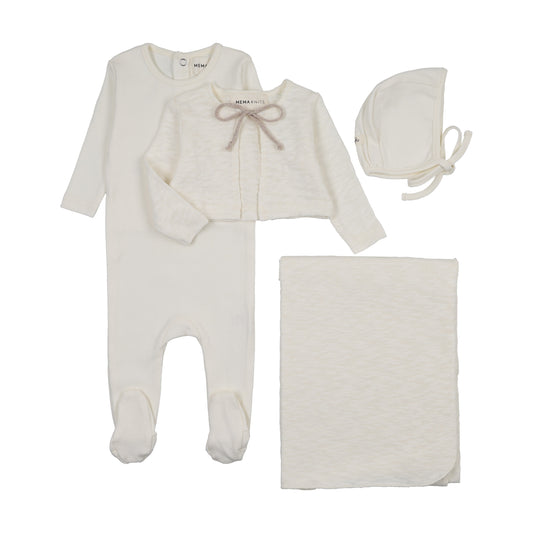 POINTELLE FOOTIE + SLUB CARDIGAN FOUR PIECE SET