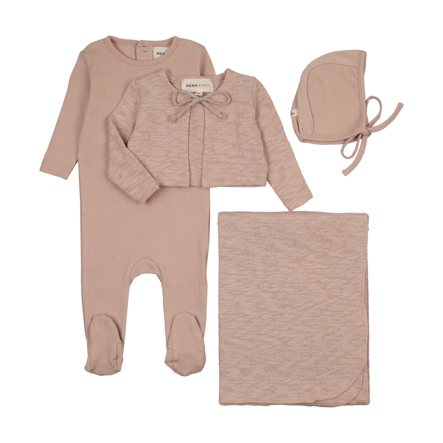 POINTELLE FOOTIE + SLUB CARDIGAN FOUR PIECE SET