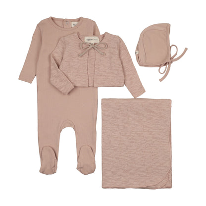 POINTELLE FOOTIE + SLUB CARDIGAN FOUR PIECE SET