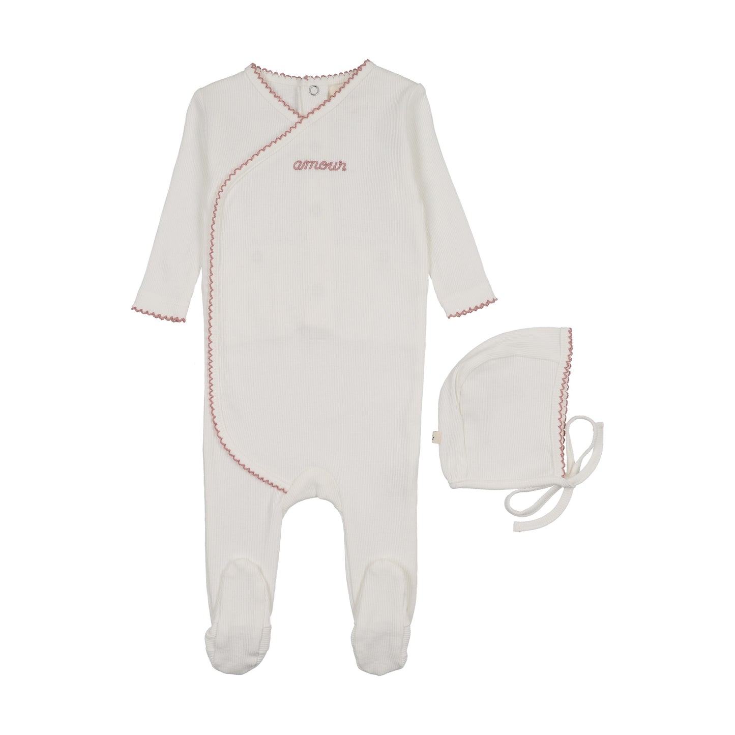 AMOUR EMBROIDERED FOOTIE + BONNET