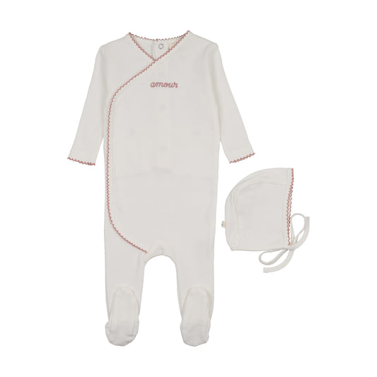 AMOUR EMBROIDERED FOOTIE + BONNET