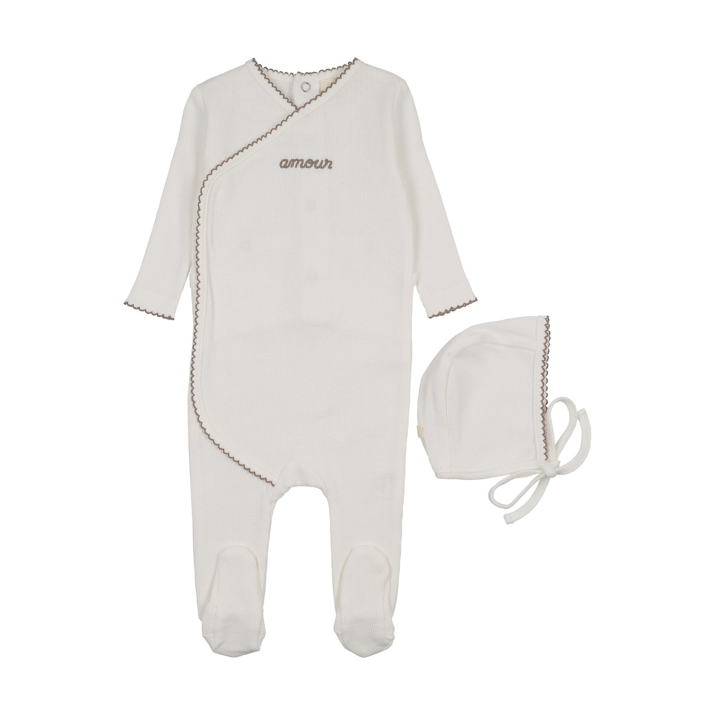 AMOUR EMBROIDERED FOOTIE + BONNET