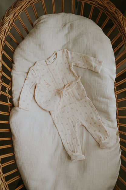 Printed pointelle footie + bonnet