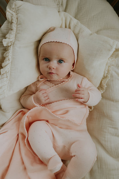Pointelle scalloped edge footie + bonnet