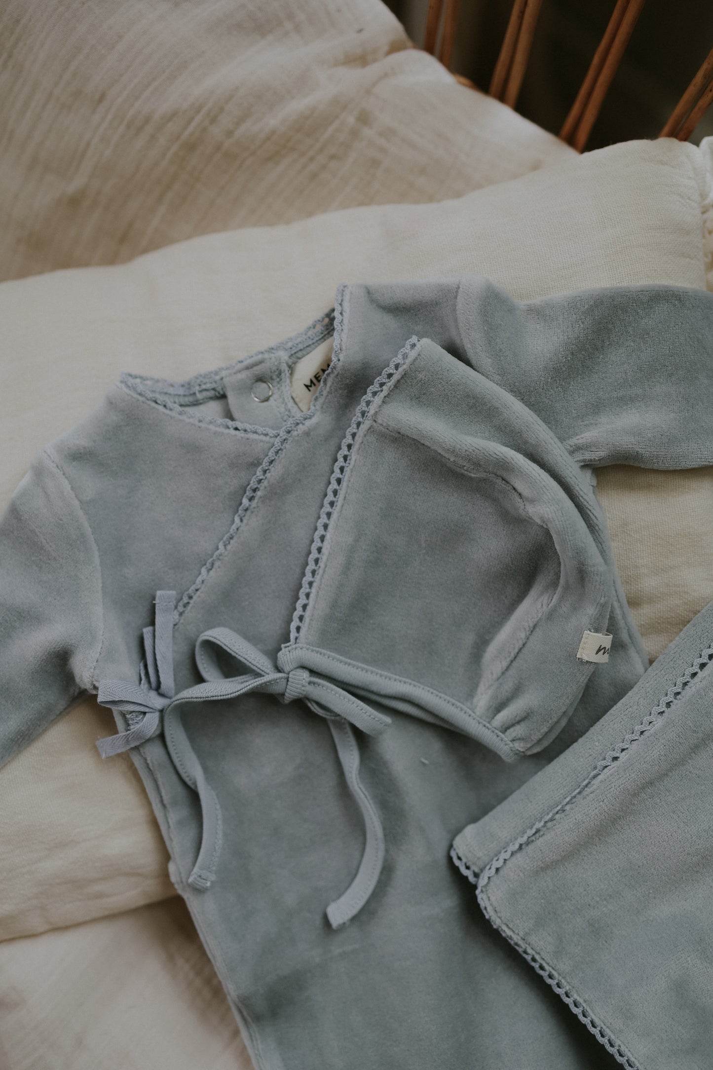 Velour Mock wrap footie + Bonnet