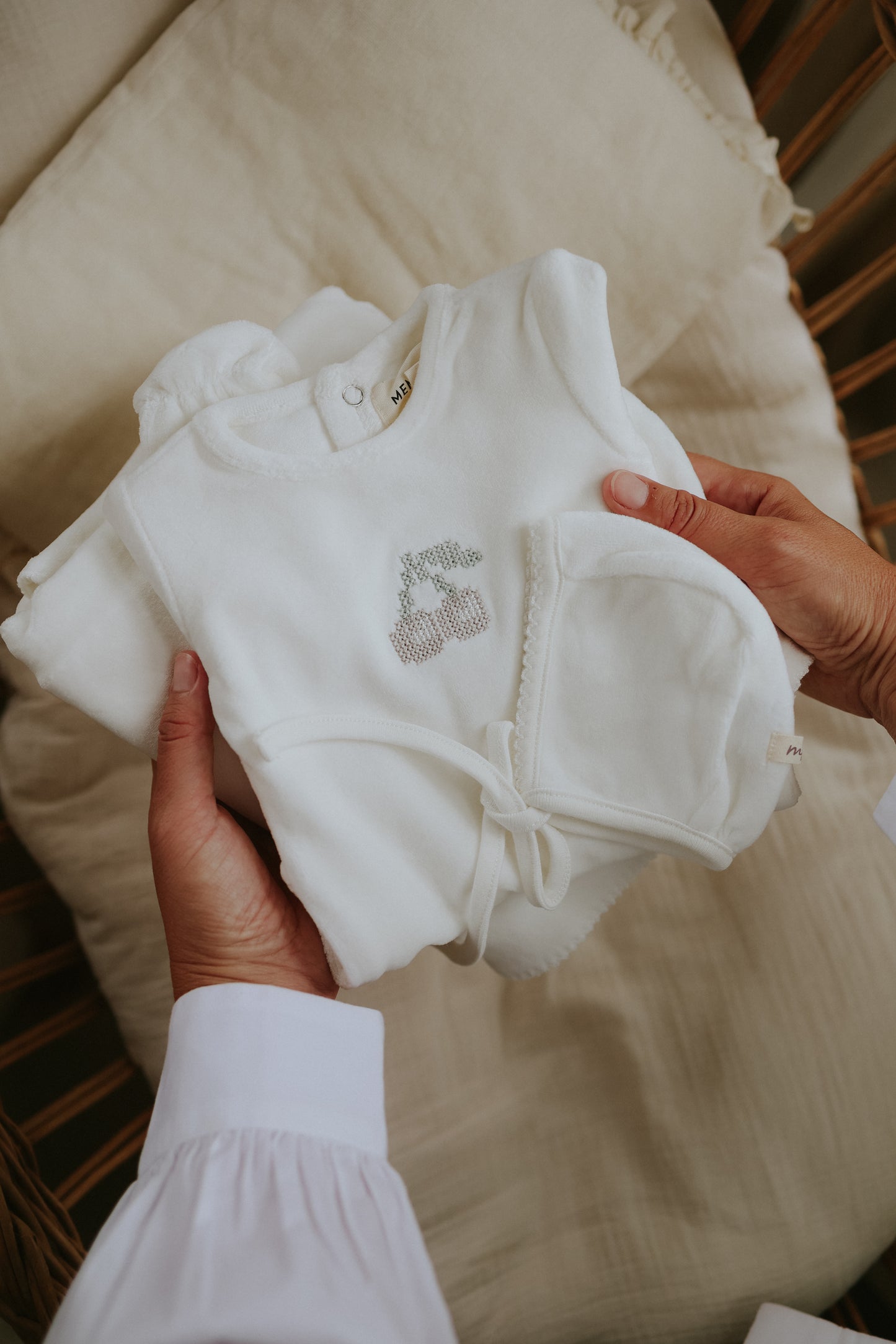 Velour Embroidered Cherry Footie + Bonnet (M449)