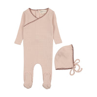 Embroidered edge footie + bonnet