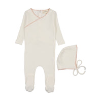 Embroidered edge footie + bonnet