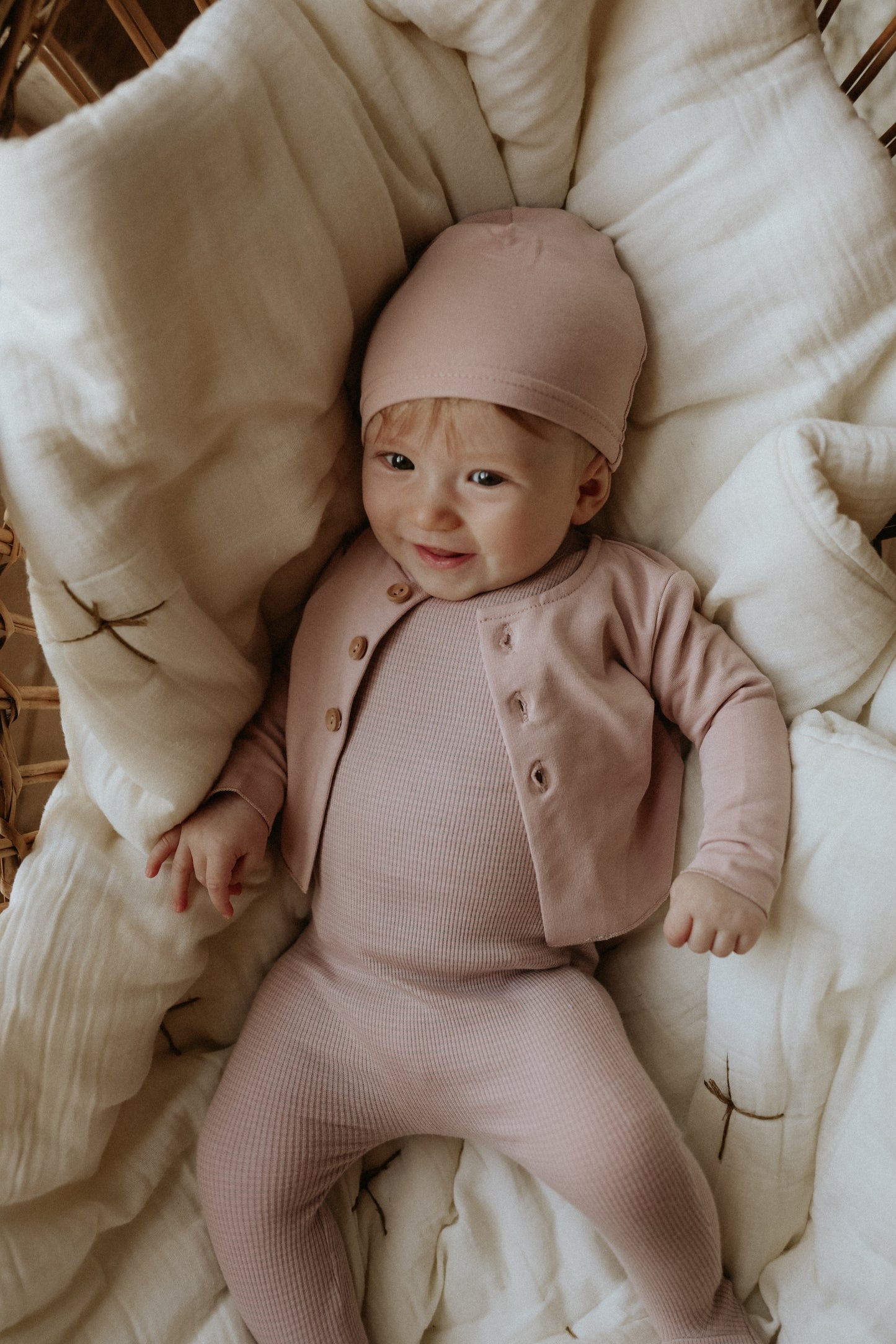 Striped footie with cardigan + beanie