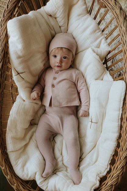 Striped footie with cardigan + beanie